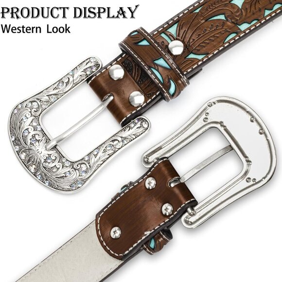 Adjustable-Vintage-Western-Cowboy-Belt Women Men - Cowboy-Style Engraved-Buckle - Picture 6 of 11